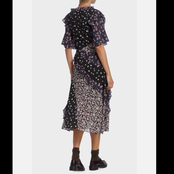 Joie Ambroise Dress Women's 14 Caviar Multi V-Neck Ruffle Trim Elbow Sleeve~ - Picture 2 of 8